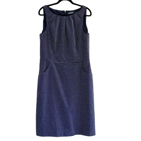 Lauren Ralph Lauren Sleeveless Boat Neck Navy Dot Pattern Woven Dress Sz 14 - Picture 5 of 7